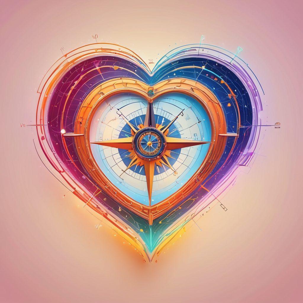 A heart-shaped compass in the center, surrounded by vibrant connections like glowing lines reaching out to various diverse people engaging with their devices, symbolizing deep emotional ties through proximity marketing. The background should feature soft, ethereal light that conveys warmth and connection. Include digital icons representing communication, love, and technology. super-realistic. vibrant colors. soft background.
